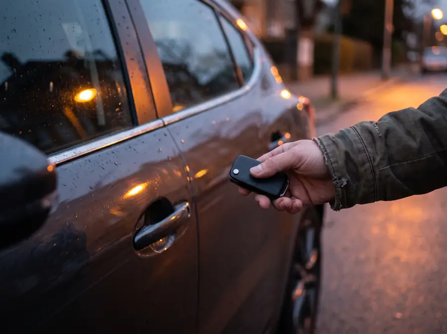 Car key fob held beside a car door
