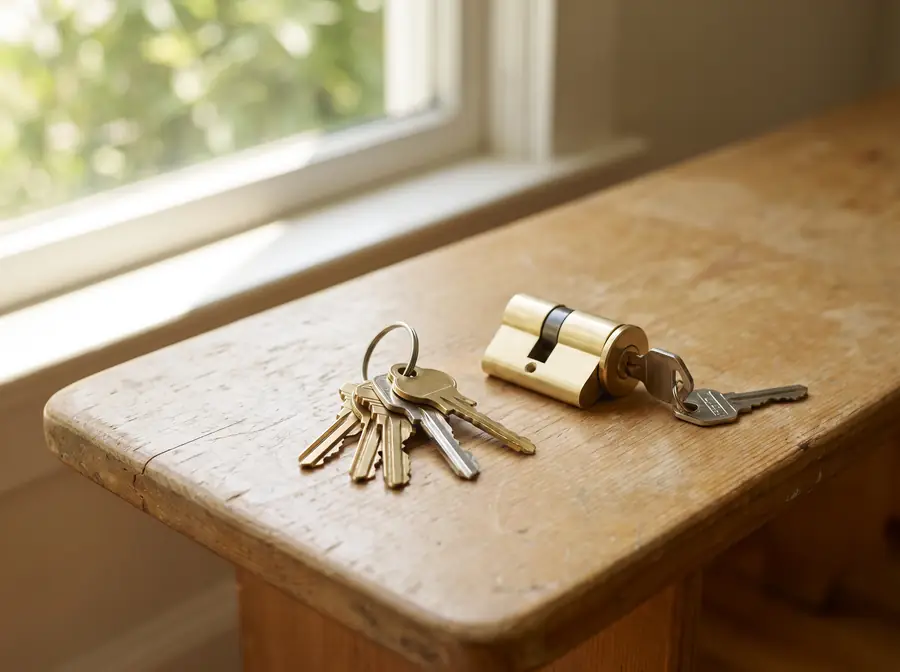 New house keys and a lock cylinder on a timber bench